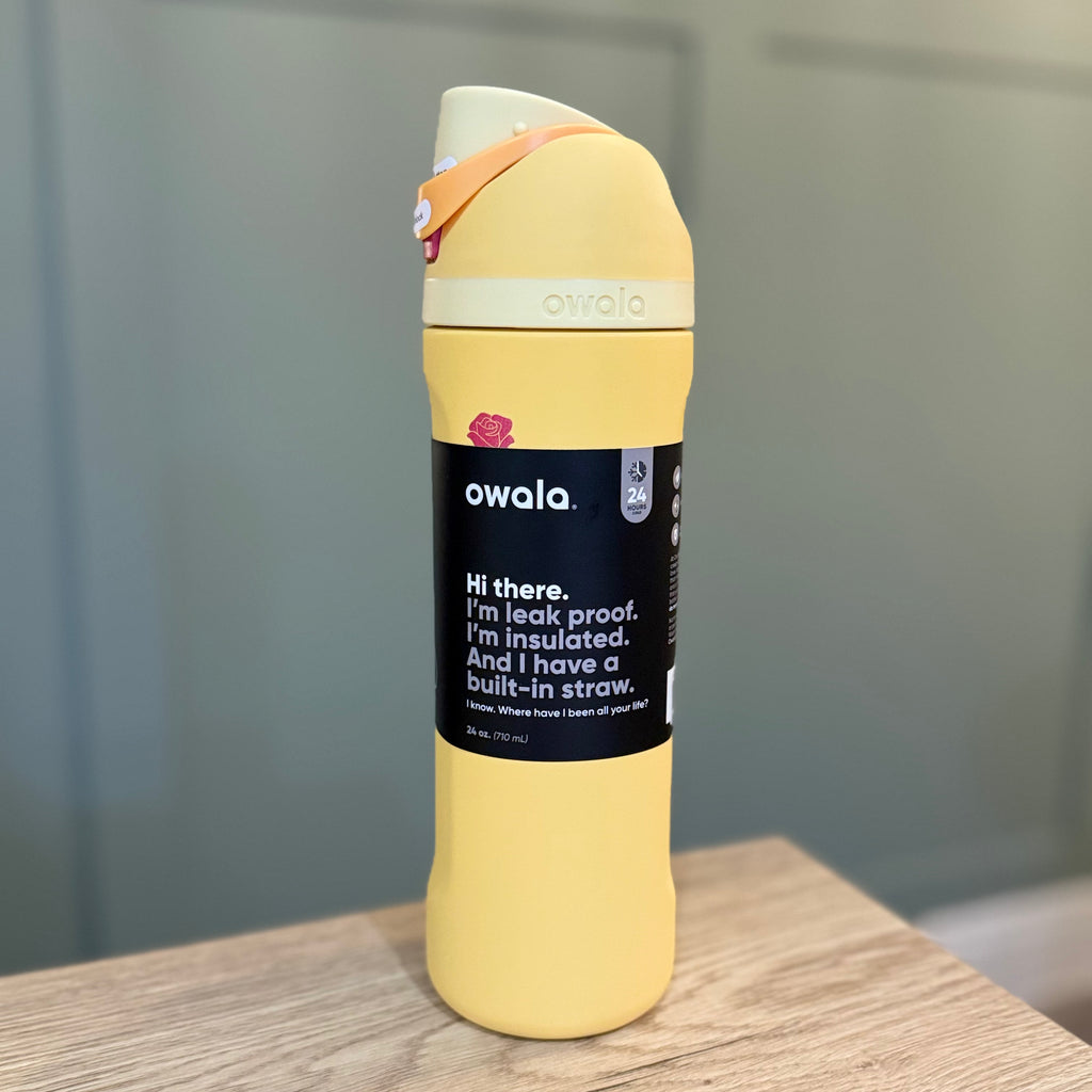 Owala FreeSip 24oz Disney Belle Water Bottle Yellow Red Rose Detail