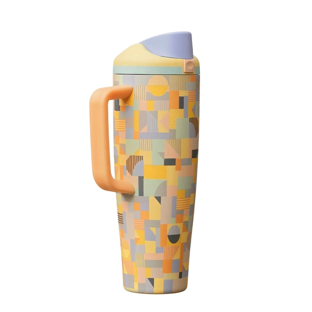 Owala Color Drop 40oz Tumbler in "Moodboard" featuring a pastel geometric mosaic pattern in yellow, orange, grey & beige, a orange side handle, and purple spout.