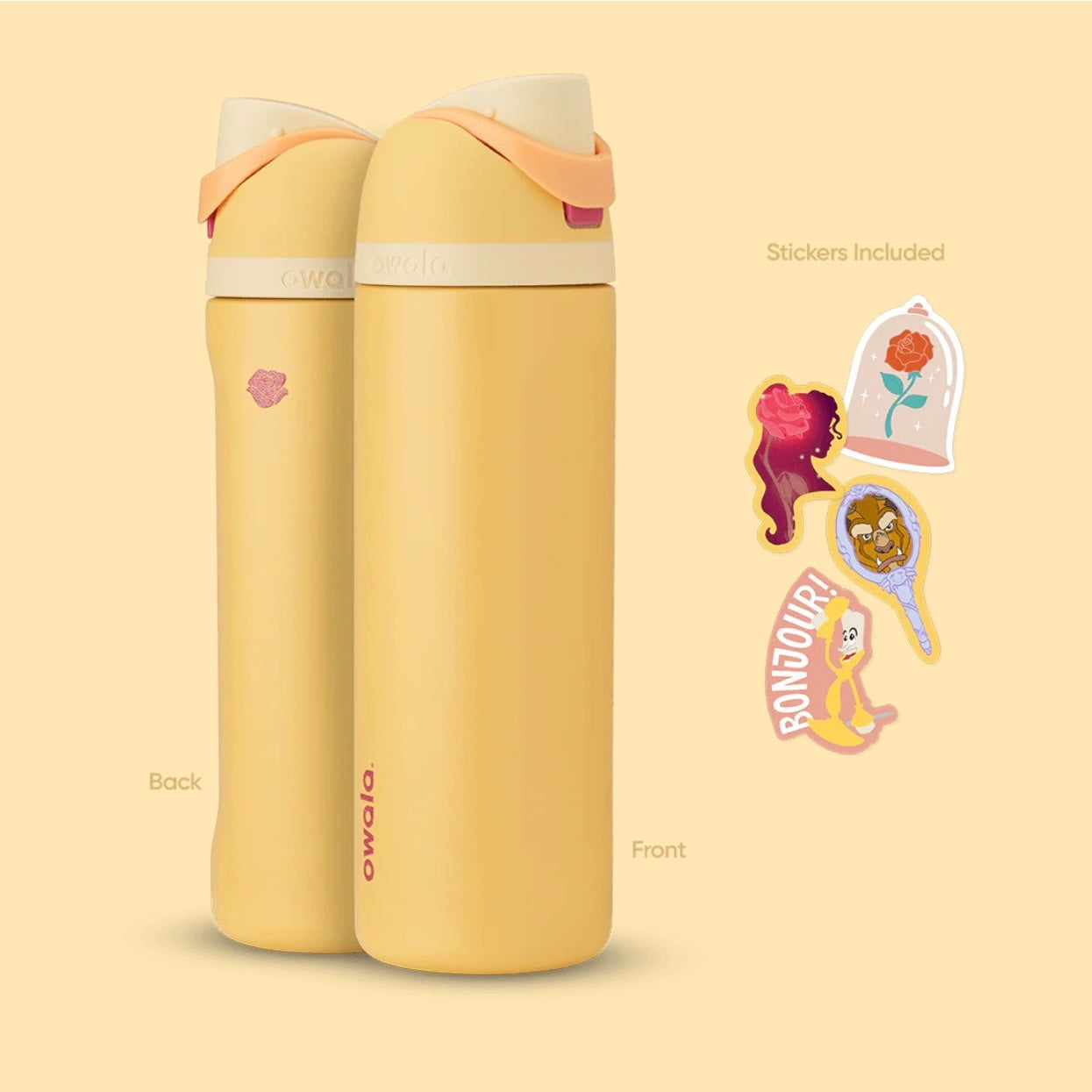 Owala FreeSip 24oz Disney Princess Belle Water Bottle Yellow with Stickers