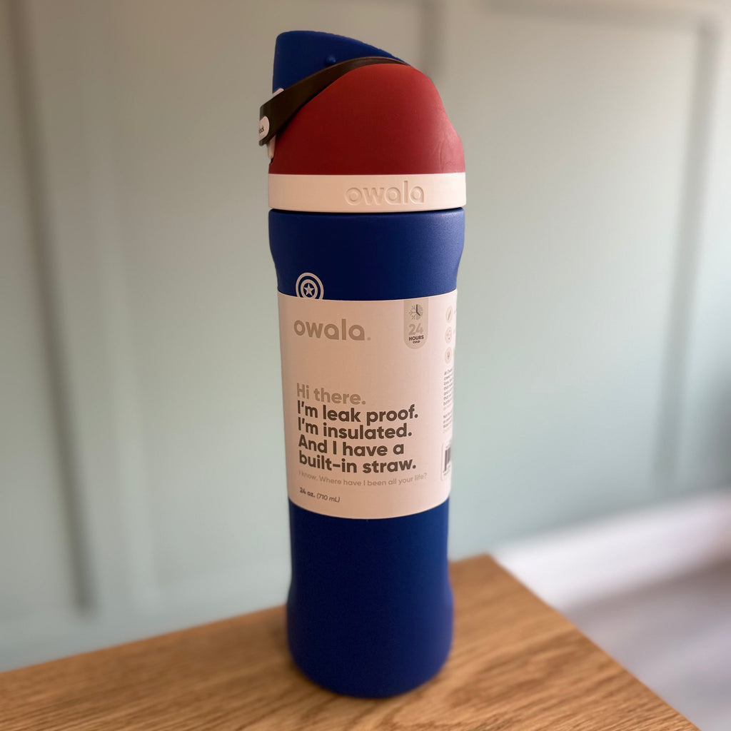 Owala FreeSip 24oz Marvel Captain America Water Bottle Blue Shield Detail