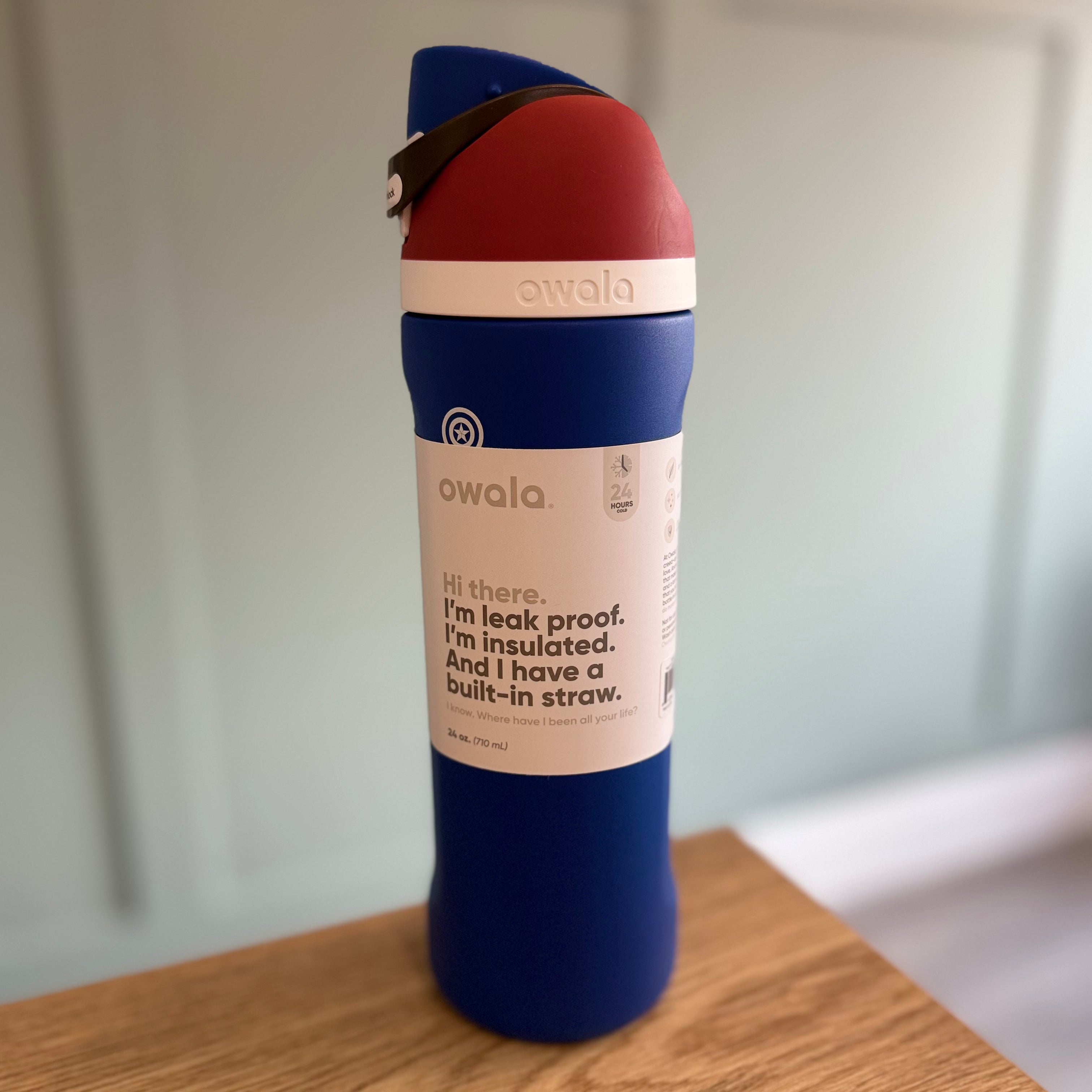Owala FreeSip 24oz Marvel Captain America Water Bottle Blue Shield Detail