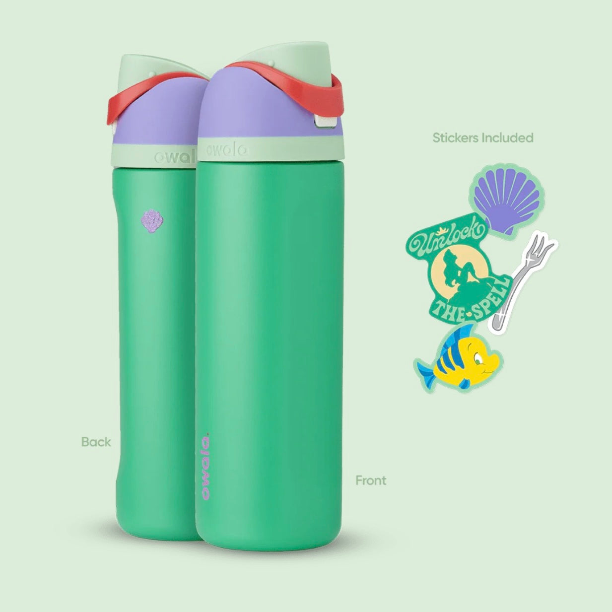 Owala FreeSip 24oz Disney Princess Ariel Water Bottle Green with Stickers