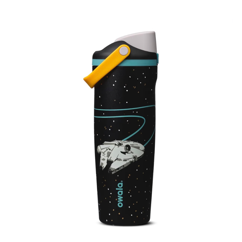 Owala FreeSip Sway 30oz Star Wars Millennium Falcon "Hyperspace" water bottle in black starfield with a yellow handle.