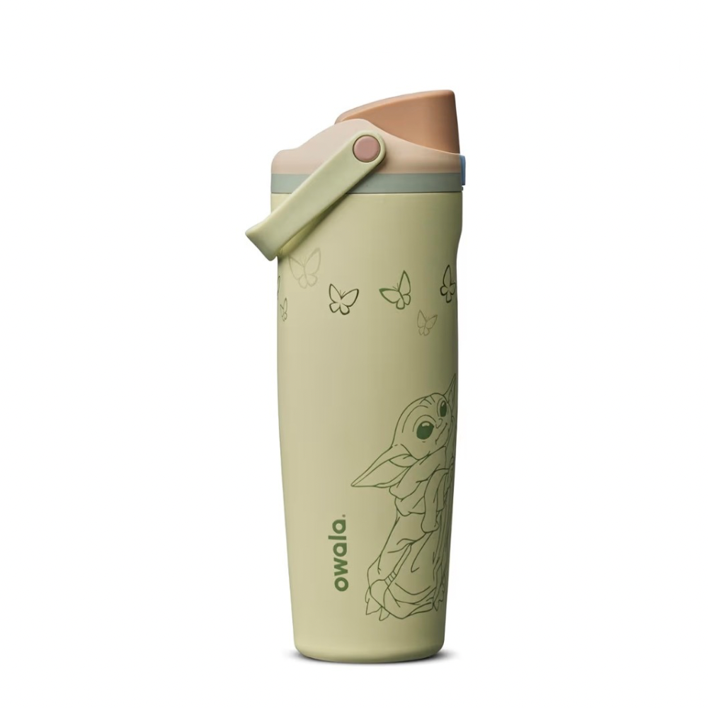 Owala FreeSip Sway 30oz Star Wars Grogu "Force of Nature" water bottle in sage green with line art graphics and peach lid. Baby Yoda “The Child”