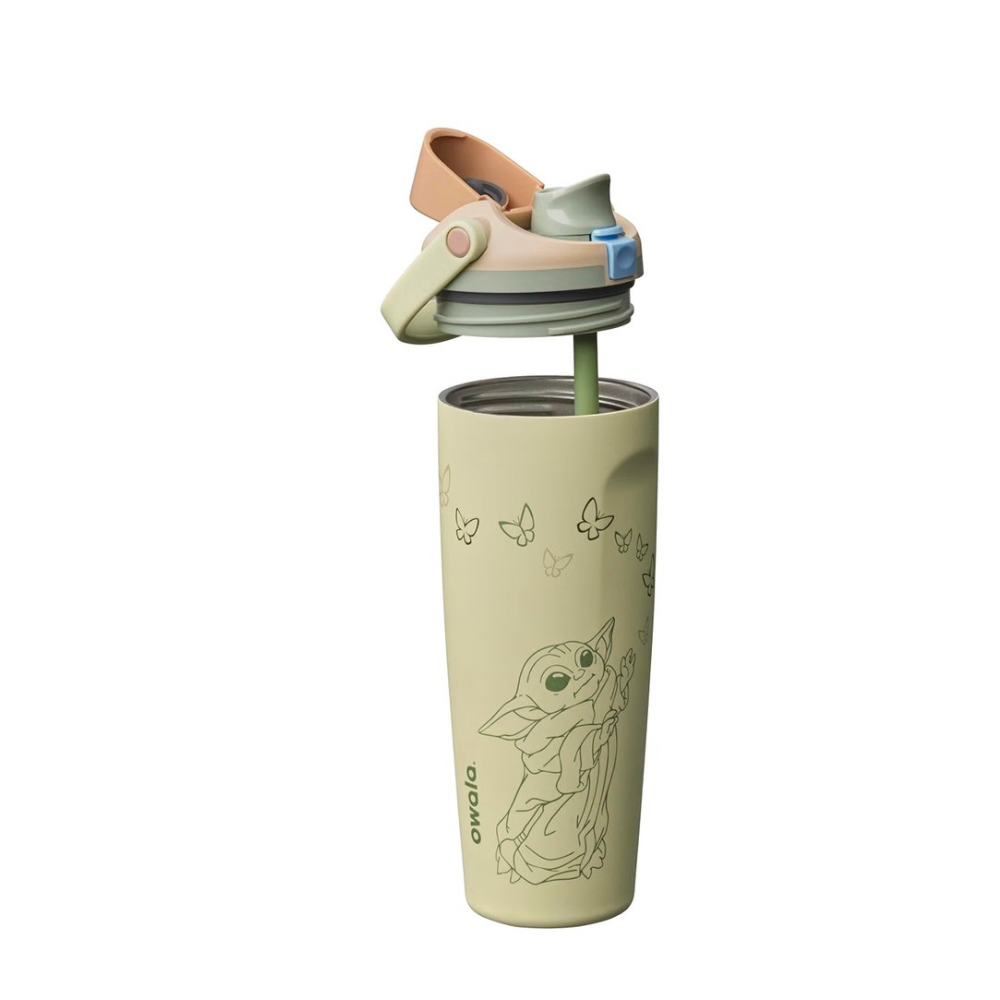 Owala FreeSip Sway 30oz Star Wars Grogu "Force of Nature” bottle showing the open lid and the green built-in straw.