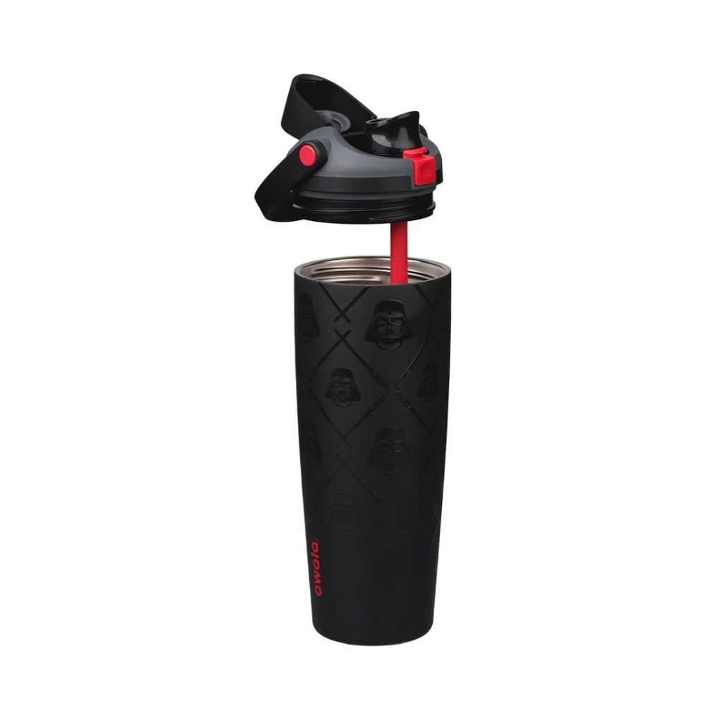 Owala FreeSip Sway 30oz Star Wars Darth Vader "Dark Side” bottle showing the open lid and the red built-in straw.