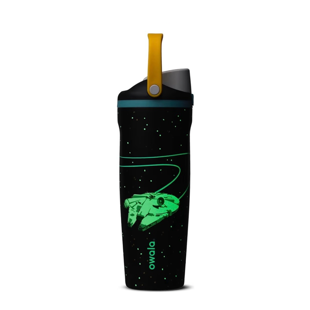 Owala FreeSip Sway 30oz Star Wars “Hyperspace" bottle showing the green glow-in-the-dark Millennium Falcon graphics.