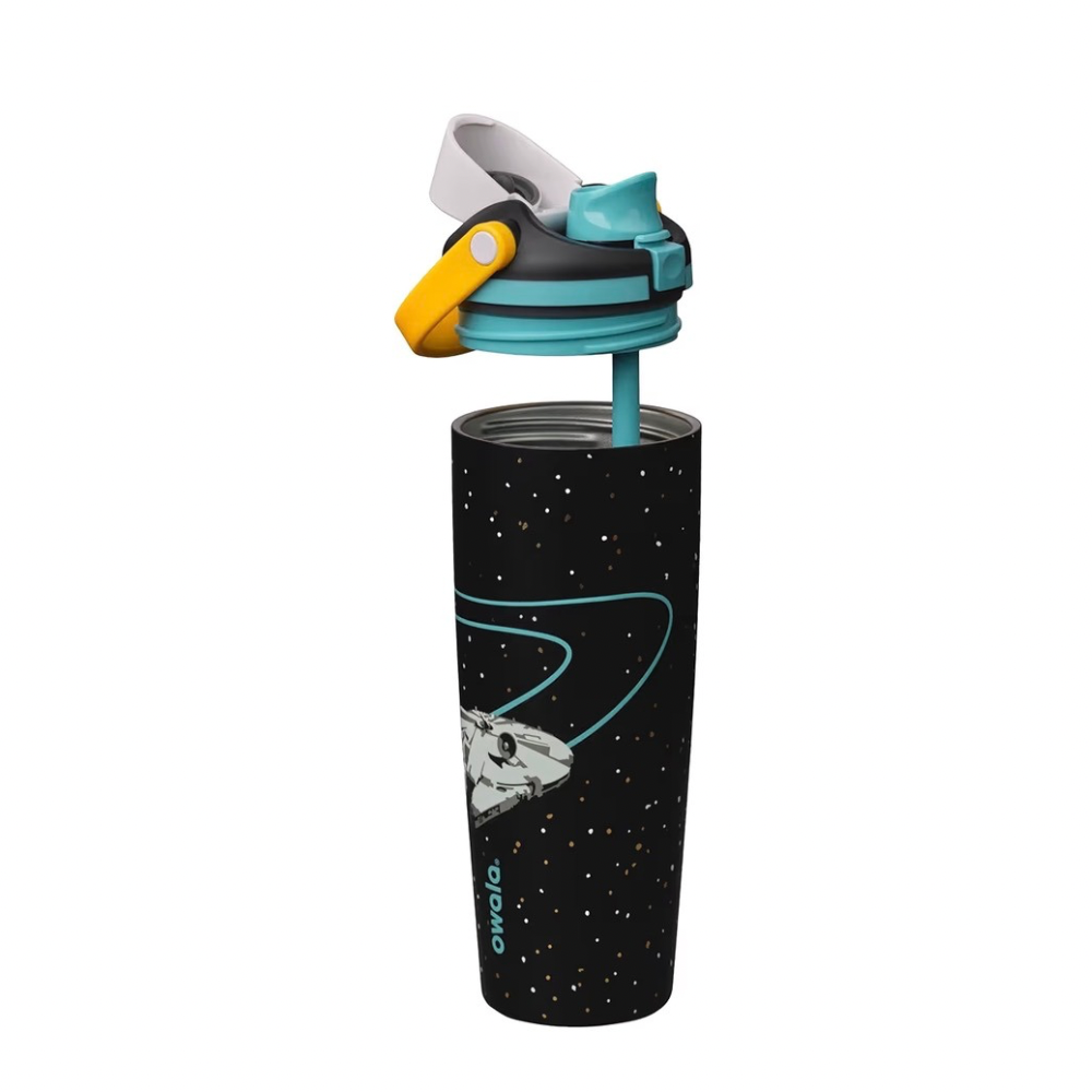 Owala FreeSip Sway 30oz Star Wars Millennium Falcon "Hyperspace" bottle showing the open lid and built-in straw.
