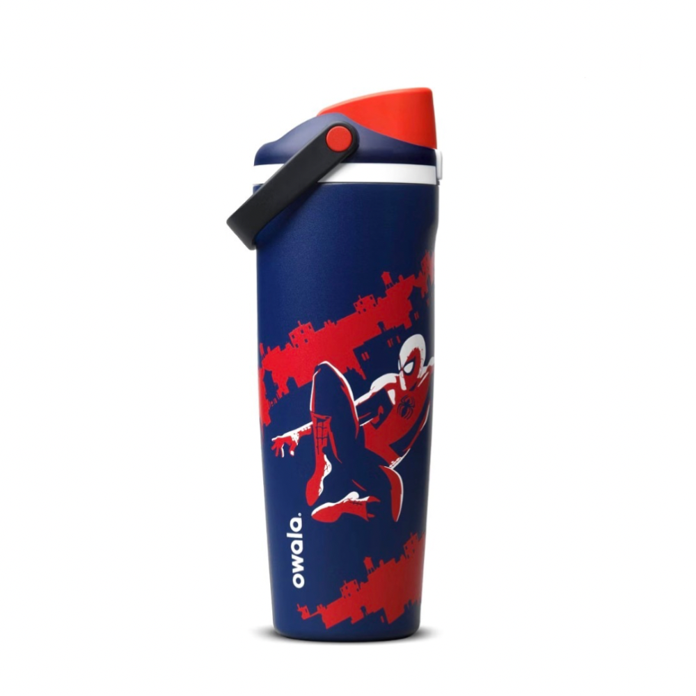Owala FreeSip Sway 30oz Spider-Man "Swing of Things" water bottle in dark blue featuring Spider-Man graphics and a red and navy lid. Spiderman.