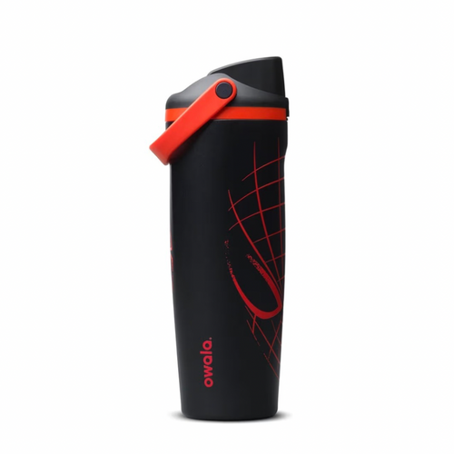 Owala FreeSip Sway 30oz Spider-Man Miles Morales "Night Watch" water bottle in matte black with red spider web graphic and red handle. Spiderman.