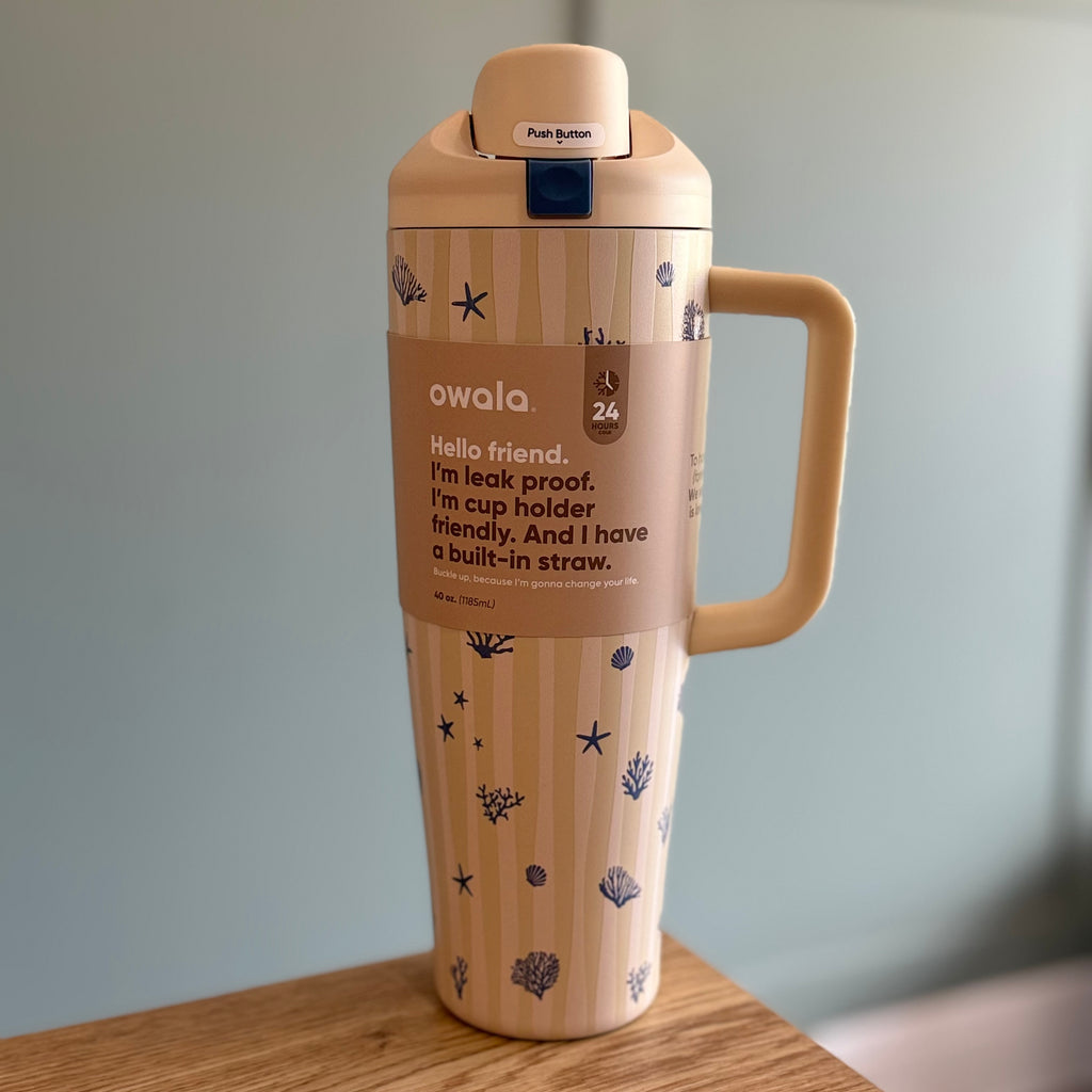 Owala FreeSip Tumbler 40oz Birthday Beach Bash - Coral Cobana - Biege/Blue - In Stock Now